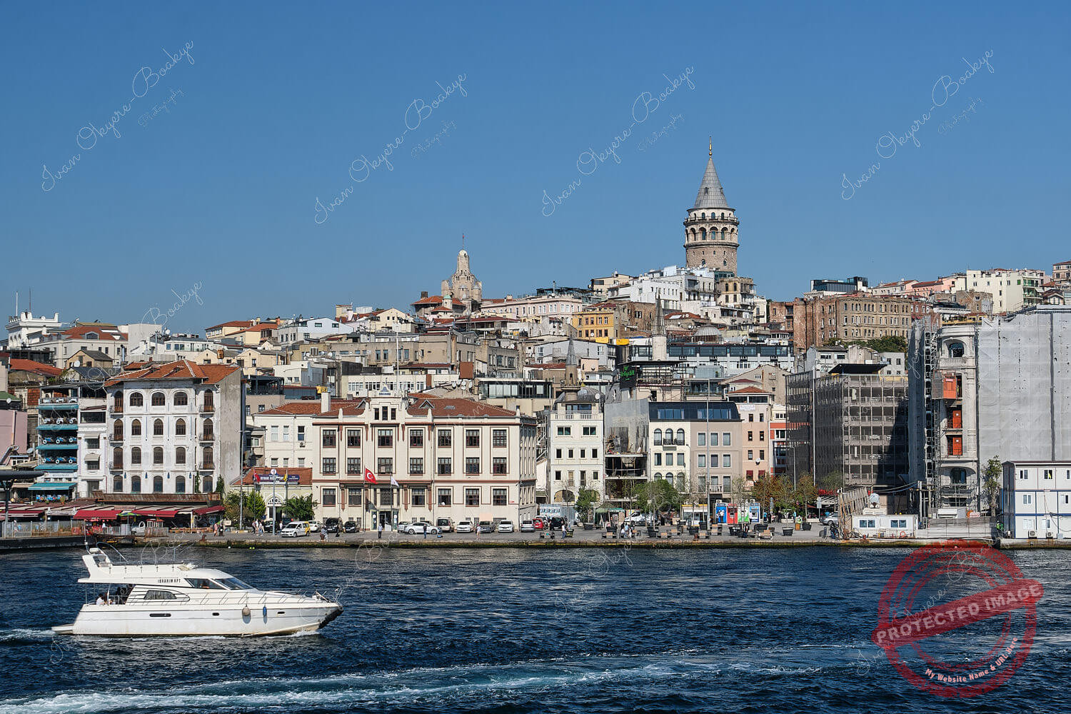 View of the Galata Tower and Istanbul skyline from the Bosphoros, Istanbul, Turkey