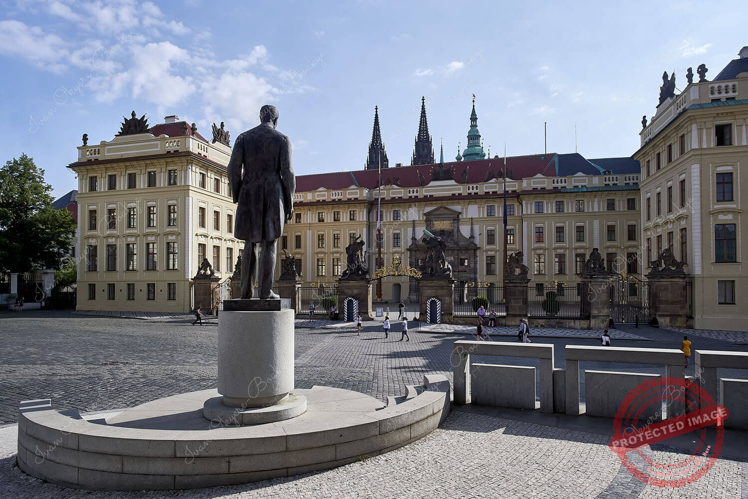 View of Tomáš Garrigue Masaryk monument and the Hradcany Square at the entrance to Prague Castle, Prague, Czech Republic