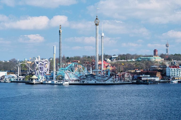Waterfront view of the Gröna Lund Amusement Park, Stockholm, Sweden